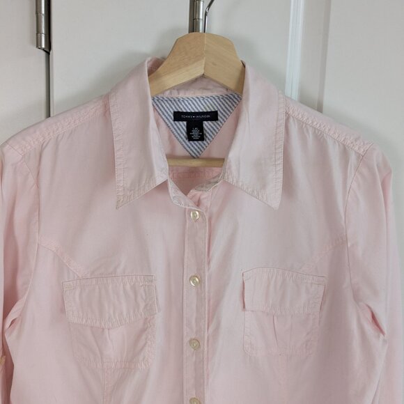 Tommy Hilfiger Button Up Roll Tab Shirt Women L Pink Tailored Fit Western - Picture 3 of 10